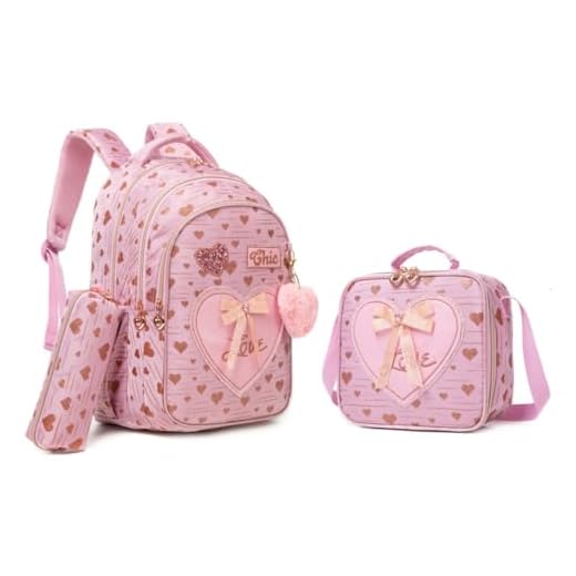 Conjunto de Mochila Infantil 3 Peças, Corações e Laço, Mochila Escolar com Bolsa Térmica e Estojo (Rosa)