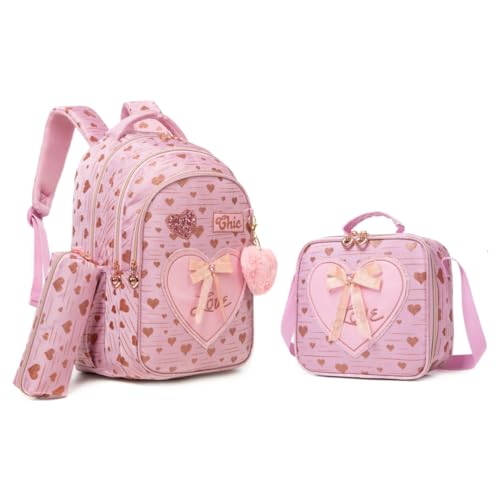 Conjunto de Mochila Infantil 3 Peças, Corações e Laço, Mochila Escolar com Bolsa Térmica e Estojo (Rosa)