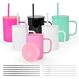 AGH 6 Pack Sublimation Glass Cups with Handle, 16 oz Opaque Colored Glass Tumblers with Lid and Straw, Sublimation Blanks Mugs Tumblers