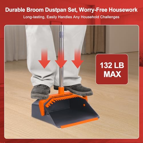 Image of Tiumso Broom and Dustpan Set with 51'' Long Handle, Upright Broom and Dustpan Combo for Home Kitchen Office Restaurant Garage Lobby Dog Cat Pets Hair - Grey and Orange