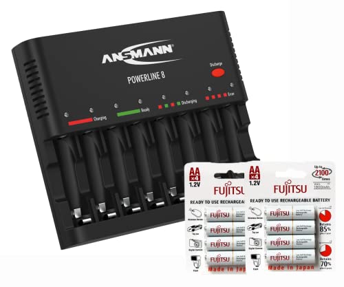 Ansmann Powerline 8 Universal Battery Charger for NiMH Rechargeable Batteries AAA & AA - 8 Bay Charger Plus 8-Pack Fujitsu AA NiMH Rechargeable Batteries (1.5V DC, 5V Input)