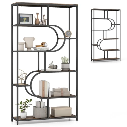 GOPLUS Bibliothèque à 8 Niveaux, Étagère de Rangement avec Tablette Ouvert, Pieds Antidérapants Réglables, Étagère Style Industriel pour Salon, Bureau, Chambre, 95x30x175CM (Marron Rustique)