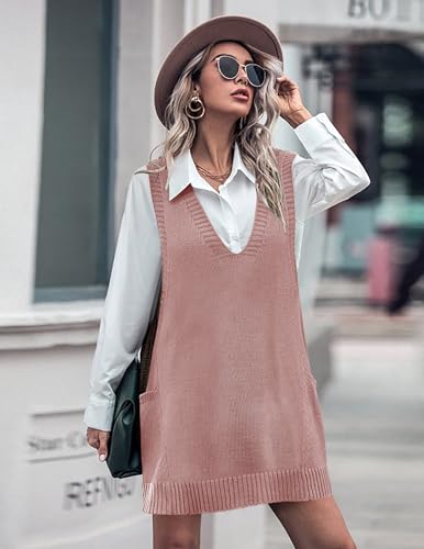 Image of HOTOUCH Women Sweater Vest Oversized V Neck Sleeveless Knit Pullover Ribbed Vest Dress with Pockets