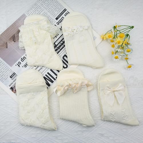 Image of 5 Pairs Women's Lace Ruffled Socks with Bows, Cute Frilly Ankle Socks