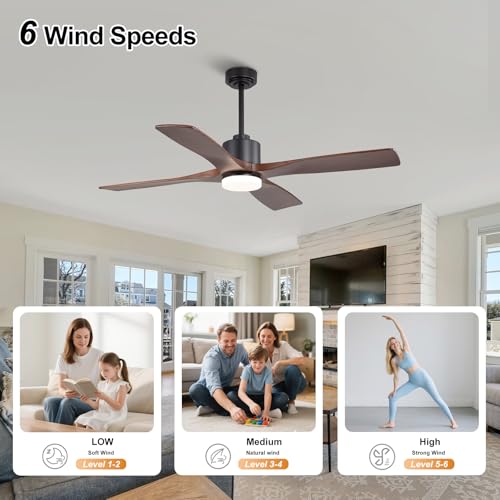 Image of LEDLUX 54 inch Ceiling Fans with Lights -Modern Ceiling Fan with Light, 6-Speed Remote, 4 Solid Wood Blades, Quiet DC Motor, for Bedroom, Living Room, Outdoor, Black with Walnut