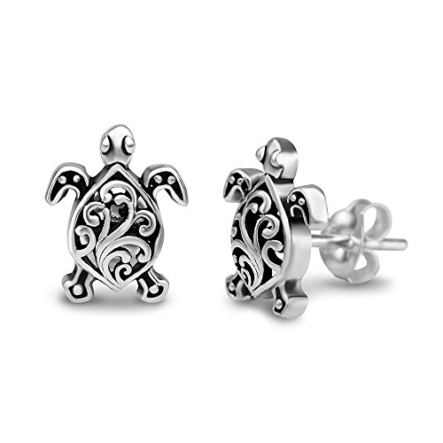 Women's 925 Oxidized Sterling Silver Filigree Sea Turtle Post Stud Earrings, 11 Mm #TOP1