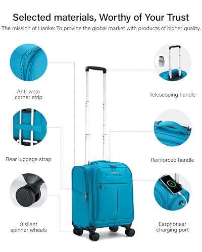 Image of Hanke 45CM Small Soft Shell Cabin Trolley Bags, 8 Silent Spinner Wheels,Charging Port, 8 Storage Compartments, Lightweight Compact Carry-On Luggage for Short Trips & Overnight Use,Caribbean Blue