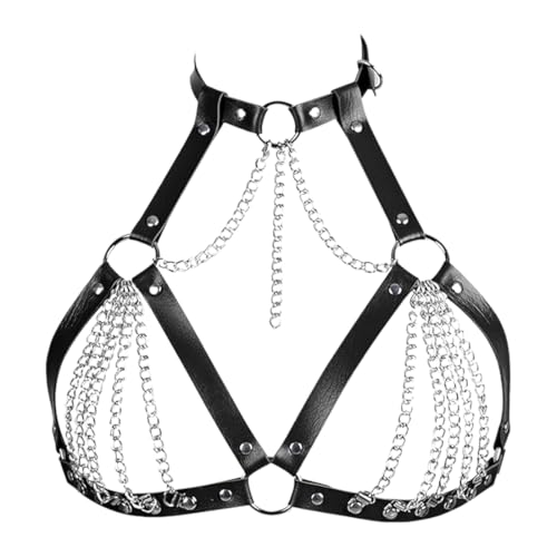Punk Leder Truhe Kette Sexy Körperschmuck Damen Leder Körperketten für Frauen Verstellbare Körperkette mit Metallketten für Party und Club