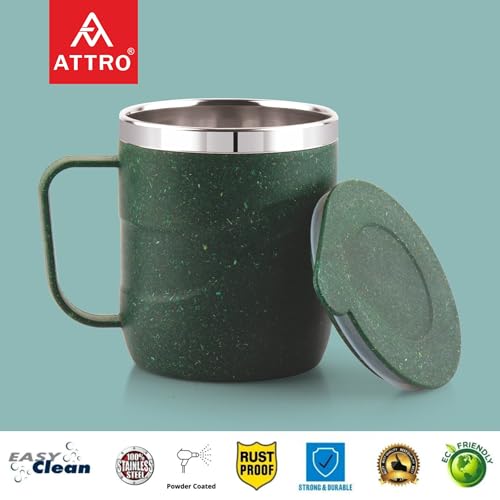Image of ATTRO Brew Mug - Stainless Steel Inner with eco Friendly Outer Body Durable Stylish, Microwave Safe Coffee /Tea Mug with Handle & Lid, Ideal for Home, Office, Travel & Gifting-300ml-Miltary Green