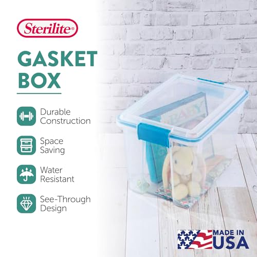 Image of Sterilite Gasket Storage Box with Lids for Home & Office, 20 Quart, 18-Pack | Heavy-Duty, Stackable, and Organizing Containers for Bathroom, Cabinet, Closet, and Garage, Clear and Blue Aquarium Latches