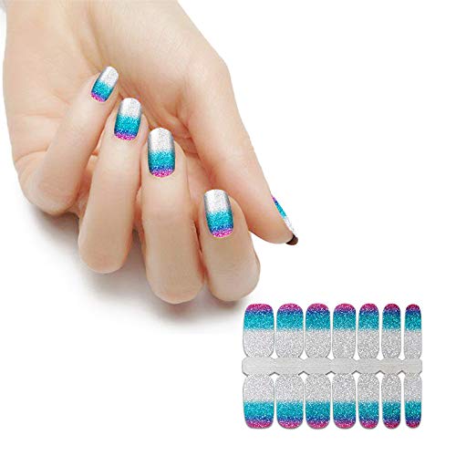 Bornbeauty Nail Polish Stickers 3 Sheets Waterproof Adhesive Press On Nail Strips Gradient Glitter Blue Red Silver Color For Women Diy Manicure Decoration #TOP2