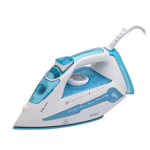 Sogo Plancha Profesional de Cerámica 2800W TurboSteam - Potente Plancha a Vapor - Golpe de Vapor 60g/min, Autolimpieza, Anti-Cal, Anti-Goteo y Termostato Regulable color Azul (SS-6330-B)