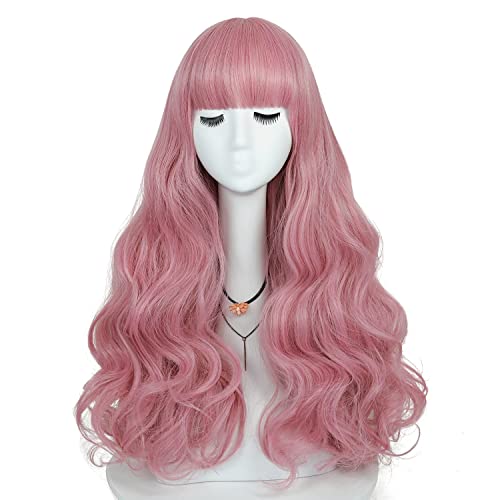 FILMIA Pink Wig Long Pink Wig Pastel Pink Curly Body Wave Wig for Halloween Csotume, Cosplay Parties or Daily Use --23.6inch