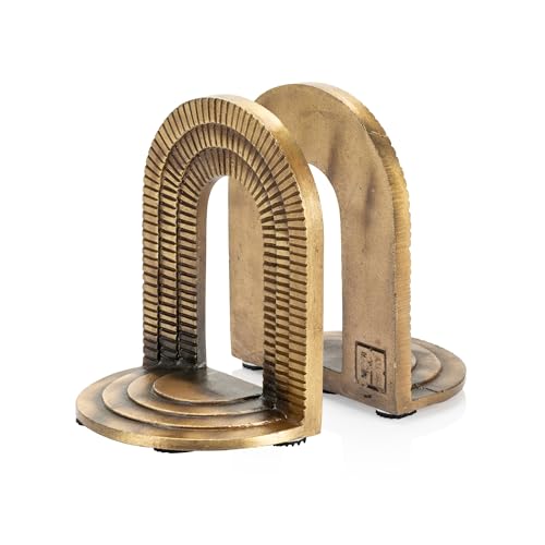 CRAFTSMAN ROAD Cast Iron Brick Arch Bookends Set Antique Brass Book Ends 2 Decorative Book Holders for Shelves or Bookcase Stylish Brass Non-Skid Anti-Slip Heavy Duty Home Dcor Gift