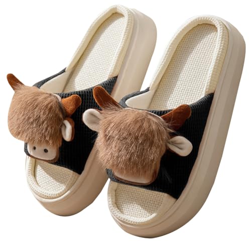 Epsion Women Cute Animal Shape Cartoon Open-Toe Linen Slippers Thick Sole Home Shoes Non-Slip