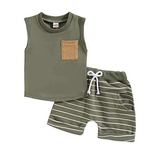 Baby Boy Summer Clothes Boys Shorts Set Solid Tank Tees Tops Shorts Pants with Pocket Cute 2PCS Toddler Outfit (Stripes-Green, 2-3 Years)