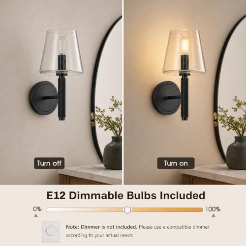 Image of 12 inch Knurled Black Wall Sconces Set of 2,Vintag Bathroom Vanity Light Fixtures with Clear Seeded Glass Shade,Hardwired Lamp Lighting for Bedroom,Living Room,Hallway,Staircase,Mirror
