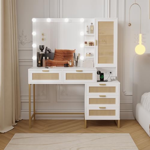 GarveeHome Vanity Desk with Mirror, 10 LED Bulbs and Power Outlet Makeup Vanity Table with 5 Drawers, 4 Storage Open Shelves and 4 Storage Shelves Cabinet Dressing Table for Bedroom Dressing Room