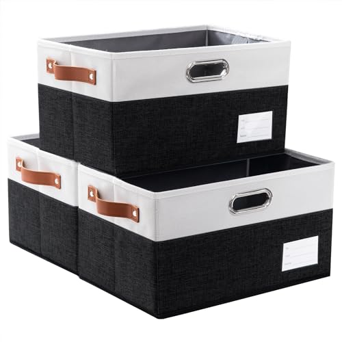 Foldable Storage Bins with Handles [3-Pack] Fabric Collapsible Storage Boxes Baskets Cubes Containers with Handles for Closet Living Room Bedroom (Black & White 14.9×9.8×8.3”)