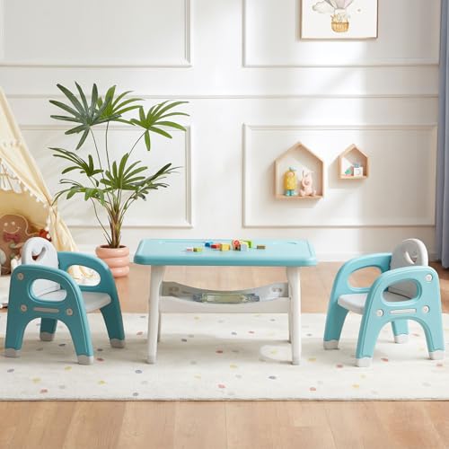 Image of GITAWUSA Montessori Weaning Table and 2 Chairs Set, Large Built-in Storage, Toddlers Table and Chairs Set, Kids Activity Table for Drawing Dining Playing, CPSC & ASTM Approved, Green
