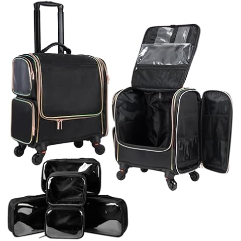 Stagiant Rolling Makeup Train Case, Professional Makeup Case, Travel Cosmetic Organizer Make Up Storage Bag for Makeup Artist, Hairstylist, Barbers, with 5 Toiletry Bags, Black Cover