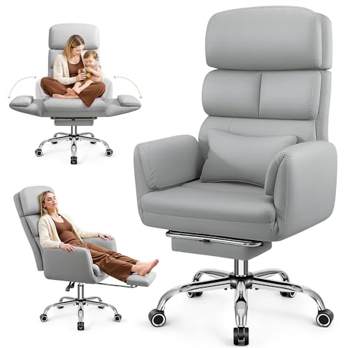 Image of Big and Tall Office Chair 500LBS, Ergonomic High Back Leather Executive Chair, Reclining Swivel with Adjustable Armrests Lumbar Support Footrest, Cross Legged, Light Gray