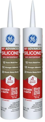 Image of GE Advanced Silicone Caulk for Kitchen & Bathroom, White, 10 fl oz Cartridge, 2 Pack - 100% Waterproof Silicone Sealant, 5X Stronger Adhesion, Shrink & Crack Proof