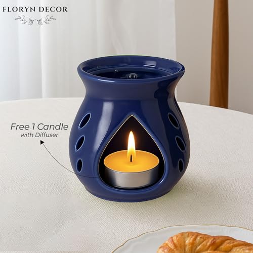 Image of Floryn Decor Ceramic Diffuser with Free 1 Tealight Candles | Home Fragrance, Spa, Office & Yoga | Aromatherapy Gift Set of 1 (Blue)