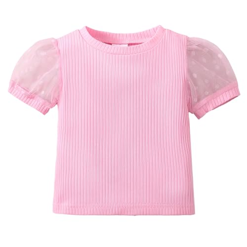 Image of OPAWO Toddler Girl Shirts, Puff Dot Sleeve Baby Tee Shirt, Ribbed Short Sleeve T-Shirt, Solid Color Girls Tshirt Tops, 12M-7Y