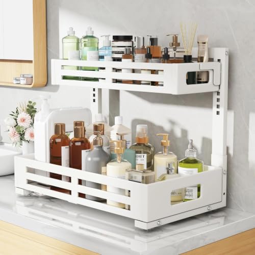 Image of 2 Pack 19IN-Depth Under Sink Organizer,Pull Out Cabinet Organizer With Smooth Cylindrical Rail,Metal Slide Out Drawer for Kitchen Bathroom Laundry,8-Level Tool Free Height Adjustable-White