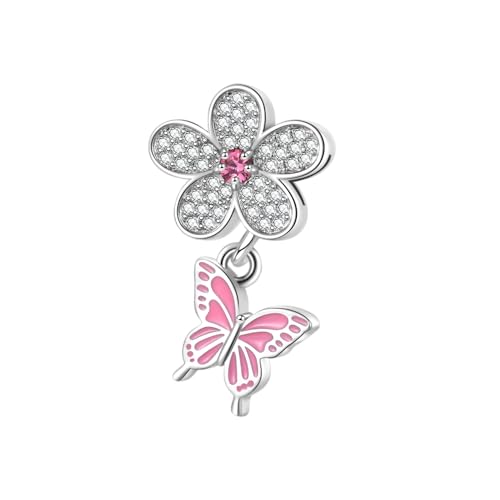 FGT Abalorio colgante de mariposa con flores brillantes para pulseras Pandora Moments y pulseras de circonita cúbica, talla única, Cobre, No es una piedra preciosa