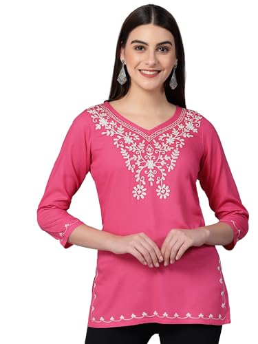 Image of QAZMI Women's Resham Embroidered Kurti |Elegant Design,3 /4 Sleeves, Sweet Heart Neck