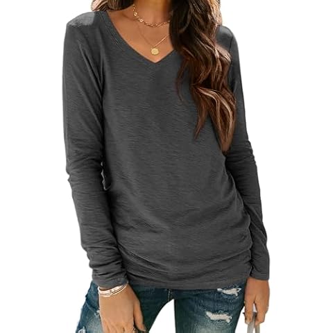 ATHMILE Womens Long Sleeve T Shirts V Neck 2024 Fall Trendy Tops Tunic Outfits Fitted Shirts Basic Tee Black Grey Cover