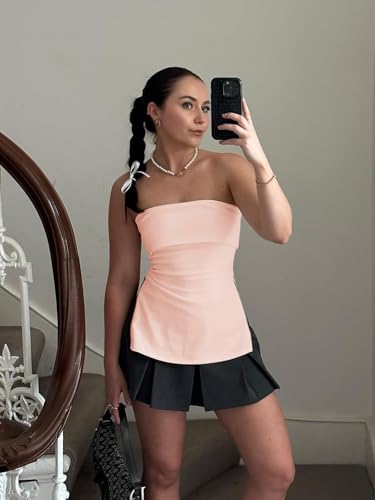 Cicy Bell Womens Strapless Tube Tops Fitted Ribbed Knit Y2K Going Out T Shirts Summer Side Zipper Backless Bandeau Tops Pink — view 3