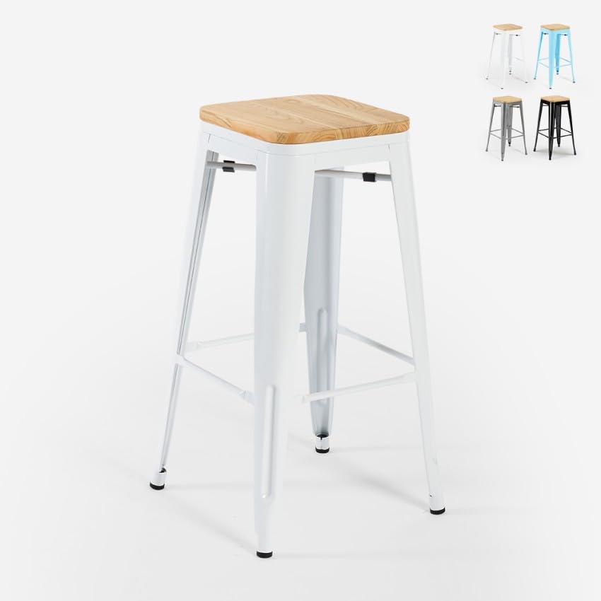 Produce Shop Taburete Alto Bar Cocina 78 cm Industrial Madera Steel up Wood - Blanco