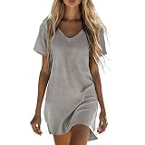 Vestidos Verano Mujer 2026 Algodón y Lino Vestido Mujer Manga Corta Cuello en V Color Sólido Casual Vestidos Corto Sueltos Cómodo Transpirable Vestidos Playa Vacaciones Diario Moda Mini Dress