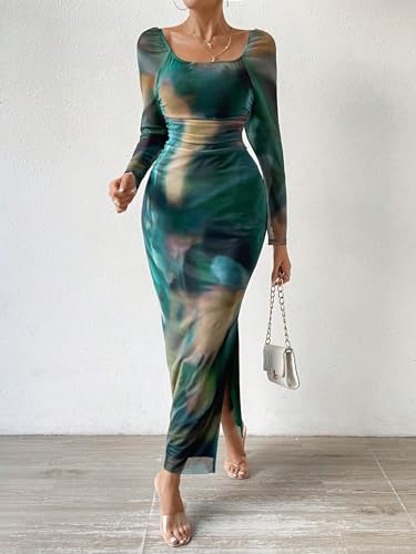 Floerns Women's Off Shoulder Tie Dye Long Sleeve Slit Hem Evening Bodycon Dress3