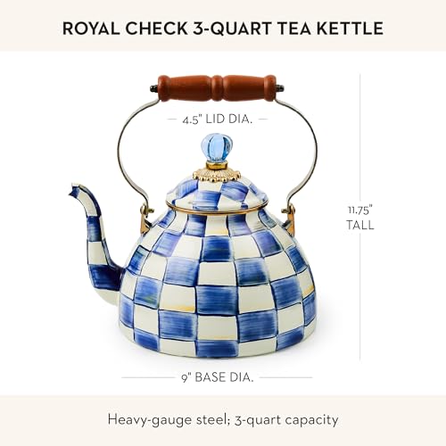 Image of MACKENZIE-CHILDS Tea Kettle, 3 Quarts, Blue-and-White Royal Check