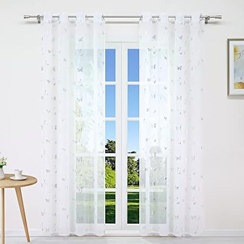 CORLIF Voile Curtain with Eyelets Transparent Curtains with Butterfly Print White W/H 140/225 cm Pack of 1 Cover