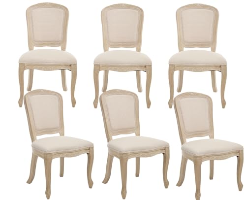 chairus French Country Dining Chairs Set of 6 Upholstered Linen Dining Room Chairs with Square Solid Back Natural Carved Leg Farmhouse Accent Side Chairs for Kitchen/Restaurant/Living Room Cream