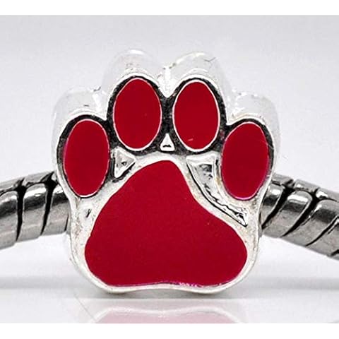 European Charm Beads Bear's Paw Red Silver Color Bear Paw Printenamel About 11Mmx11Mm Cover