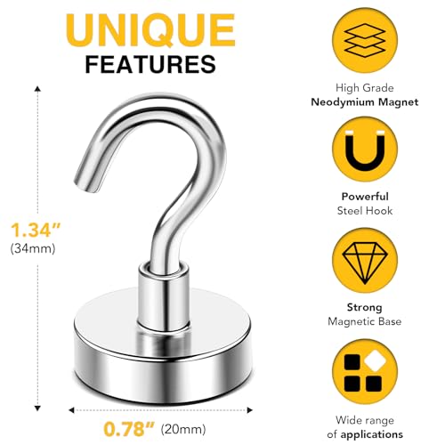 Image of DIYMAG Magnetic Hooks,50lbs Heavy Duty Magnets with Hook Silver 6 Pack | Rare Earth N52 2026 Cruise Cabin Ship Essentials for Fridge Hanging Classroom Beach Vacation Kitchen Grills Home Must Have