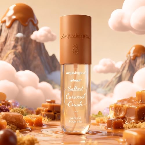 Image of Aqualogica Refresh+ Perfume Body Mist - Salted Caramel Crush | Mouthwatering Gourmand Scent | Long Lasting Fragrance | Double Duty for Hair & Body | Non-Irritating & Hydrating | Infused with Zemea & Hyaluronic Acid | For Men & Women | 150 ml