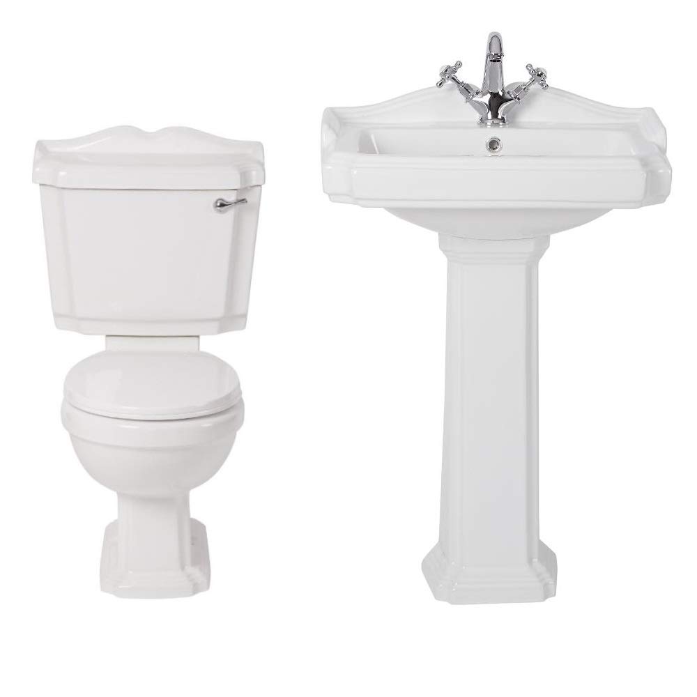 Milano White Windsor Close Coupled Toilet Wc Pedestal Bathroom Basin Sink - 1 Tap Hole