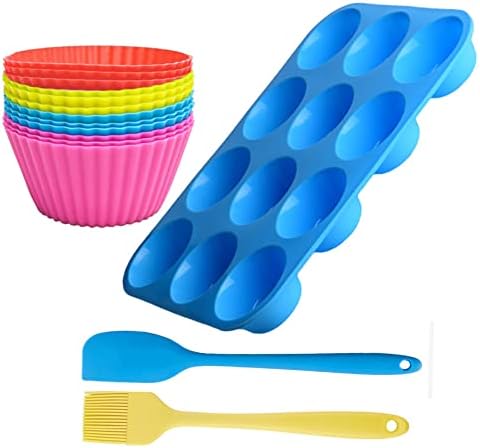 12 Cups Silicone Muffin Pan Set - (12 Pieces) Silicone Cupcake Baking Cup Molds BPA Free 100% Food Grade and Two Spatula Tools, Blue, 32.5*24.6cm
