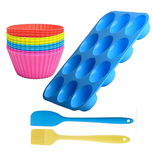 12 Cups Silicone Muffin Pan Set - (12 Pieces) Silicone Cupcake Baking Cup Molds Bpa Free 100% Food Grade And Two Spatula Tools, Blue, 32.5*24.6Cm #TOP3