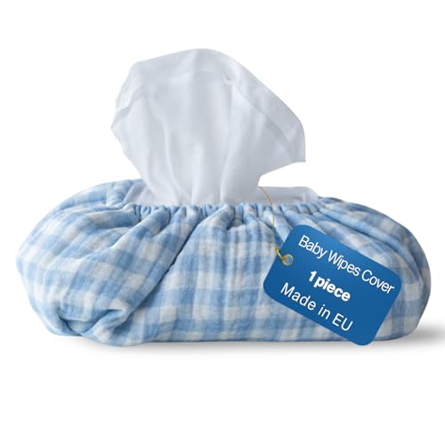 Image of Baby Wipes Cover – Universal Size, One Size Fits All Wipes Packages | Muslin Cotton Tissue Cover for Nursery, Diaper Bag & Changing Table, Station | Gingham & Neutral Patterns (Baby Blue Gingham)
