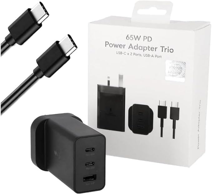 SAMSONGOriginal 65W Trio Fast Charger Adapter Compatible for Samsung Galaxy S25 Ultra, S24 Ultra, S23 Ultra, S22, Z Fold 6/5, A06 LTE, A55 LTE, Dual Type-C and USB-A Ports, Cable Included, Black