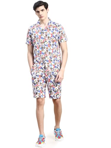 Image of SHOWOFFFF Men Printed Two-Piece Co Ords | Cuban Collar Half Sleeves Cotton Co Ords for Mens | Mid-Rise Relaxed Fit Above Knee Co Ords for Men's