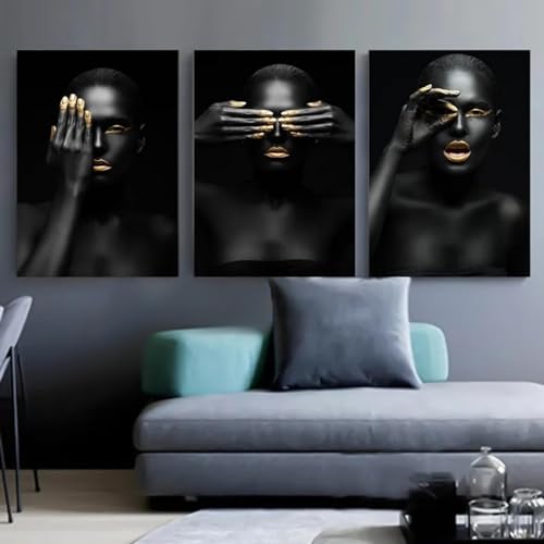 Peinture sur toile noir or art africain femme photo murale scandinave x3